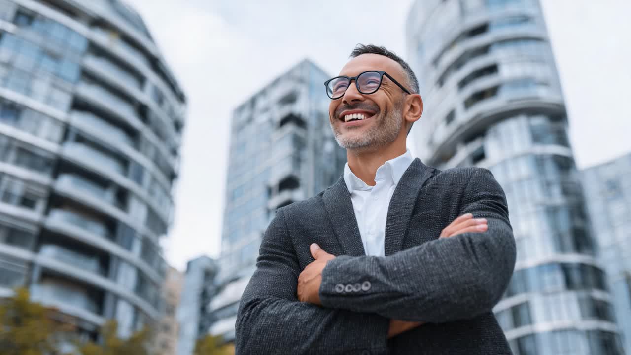 Confident Businessman in Modern Urban Setting, Showcasing Joy and Professionalism Amidst Sleek Architectural Design and Contemporary Cityscape