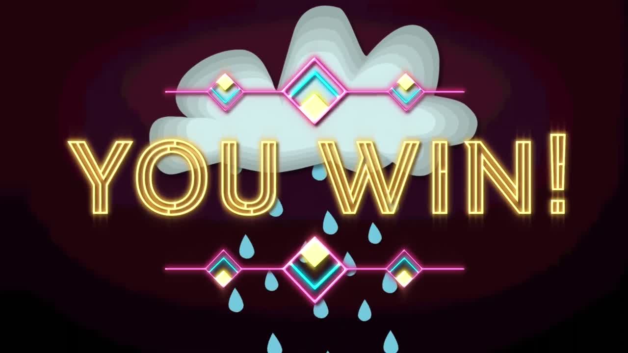 보라색 배경에 비가 내리는 구름 위에 텍스트를 이기는 애니메이션