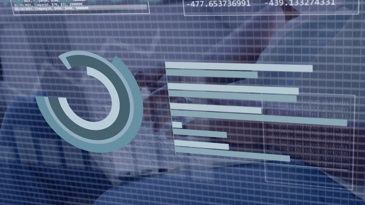 Man typing keyboard, HUD overlaying hands and rendering pie chart, bars, waveform for data analysis