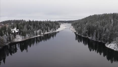 a drone footage of a lake after snowfall