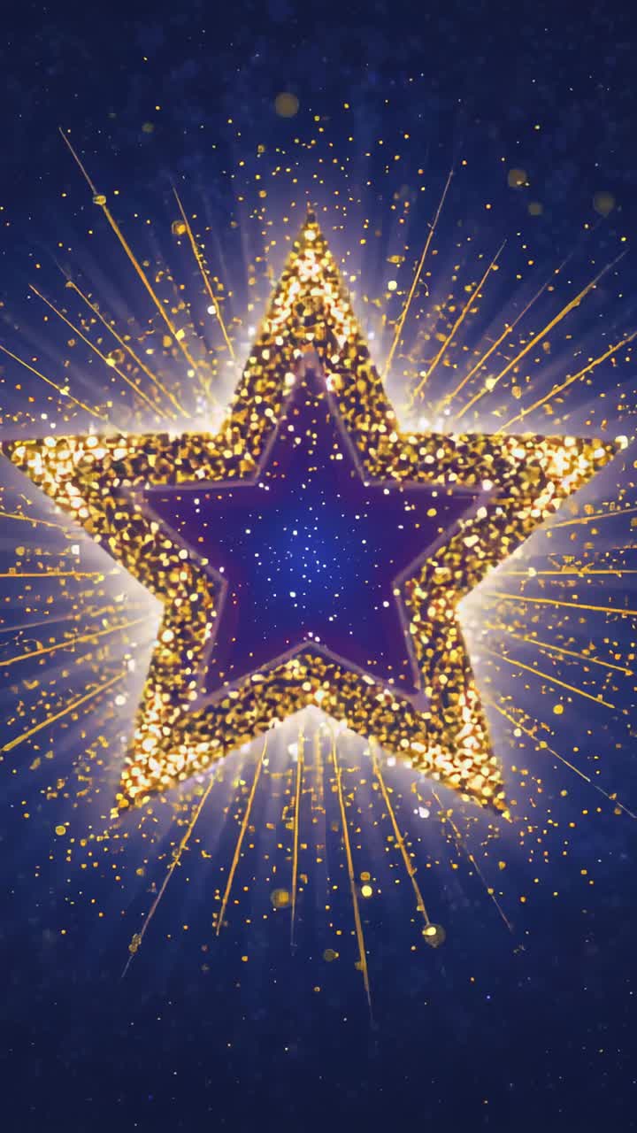 Vertical video: Playing on start 5-pointed blue star zooming glowing in navy casting golden glitter