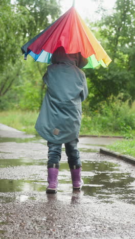 child closes umbrella walking in park. hooded coat provides extra protection to kid against rain in botanical garden. cheerful contrast to gray skies