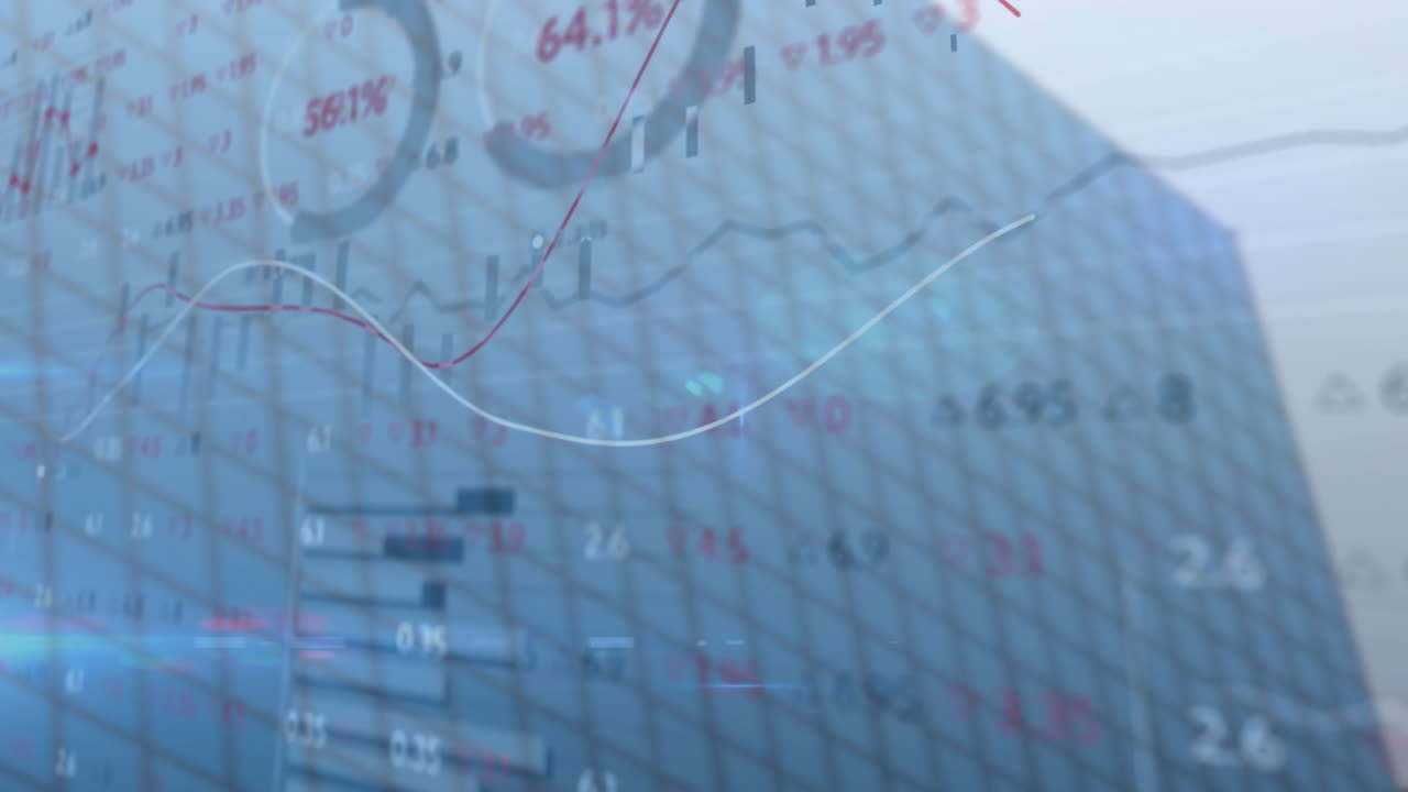 Graphs and charts with financial data on grid-patterned background in animation