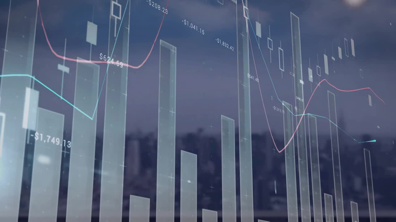 Animation of digital data processing over cityscape