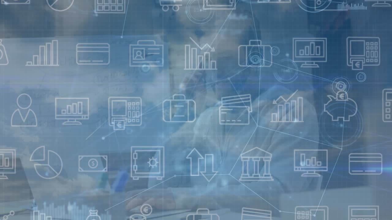 Animation of connections and financial graphs over clouds