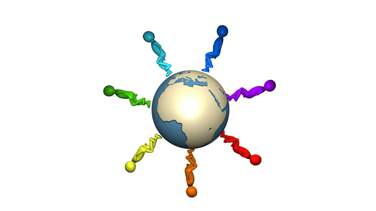 hombres multicolores en 3d caminando por la tierra.