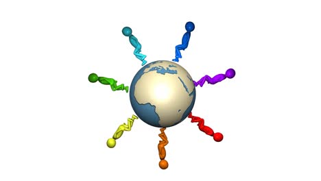 3d multicolour men walking around the earth