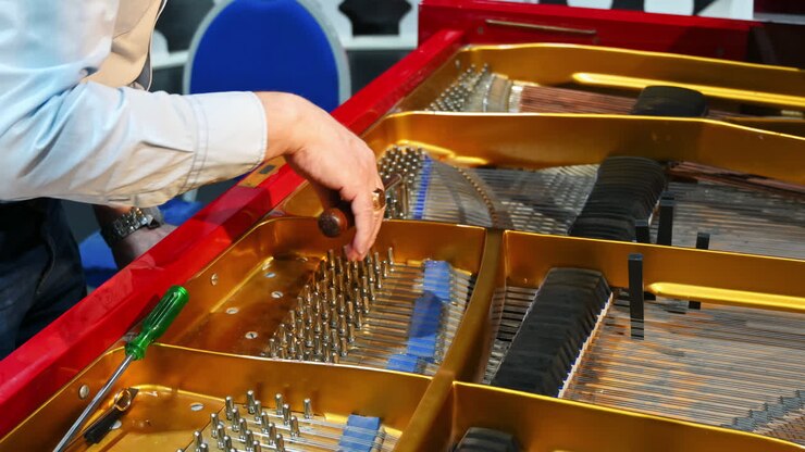 Close up of a man fixing a red piano