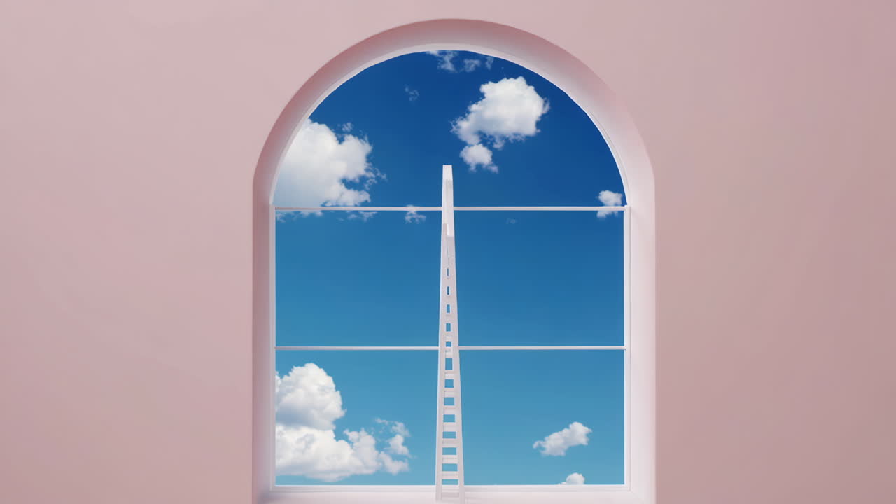 Arched Window with Ladder Leading to a Cloudy Blue Sky