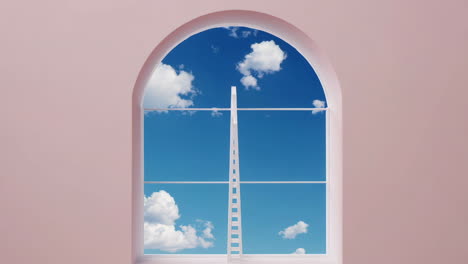 arched window with ladder leading to a cloudy blue sky