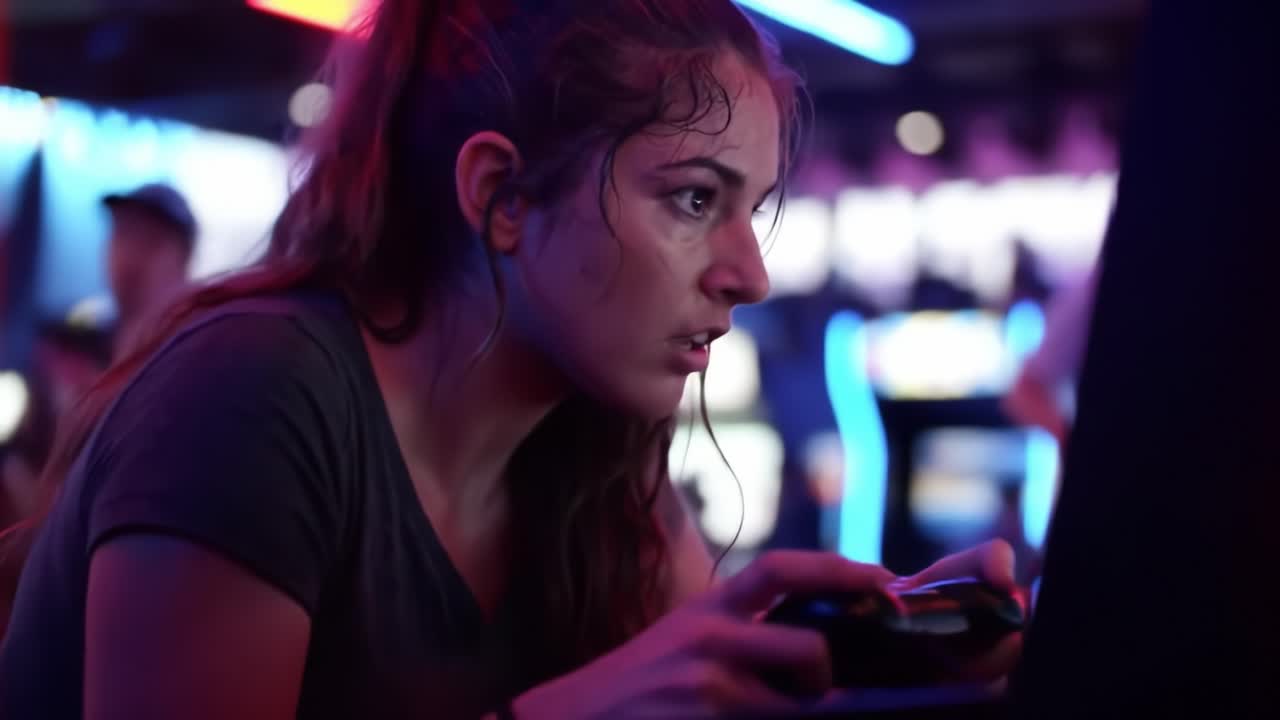 Intense Gaming Focus: Capturing the Determined Emotion of an Enthusiastic Gamer Immersed in a Digital Challenge in a Vibrant Arcade Environment