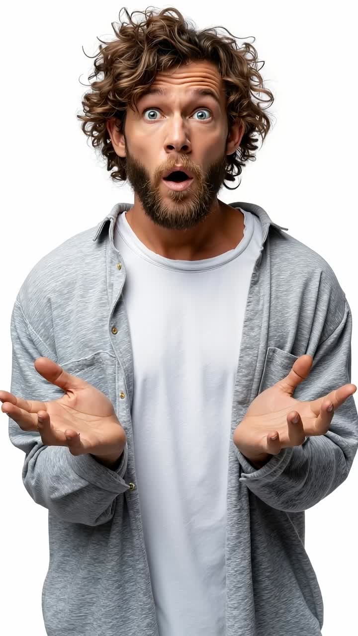 A man with curly hair and a beard is smiling and gesturing with his hands