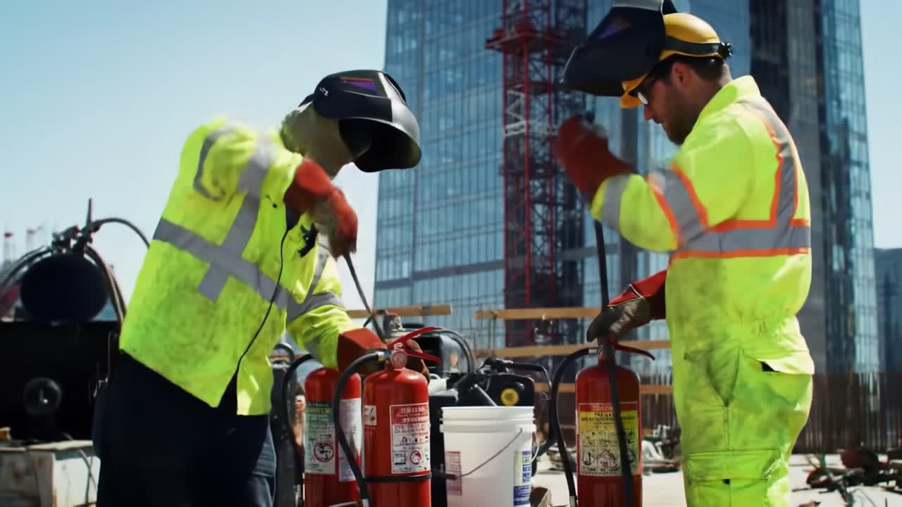 Construction Workers Inspecting Fire Extinguishers on a Rooftop