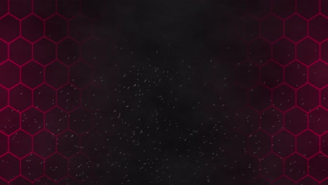 Animation-of-grid-of-red-hexagons-with-flashing-white-light-and-particles-on-dark-background