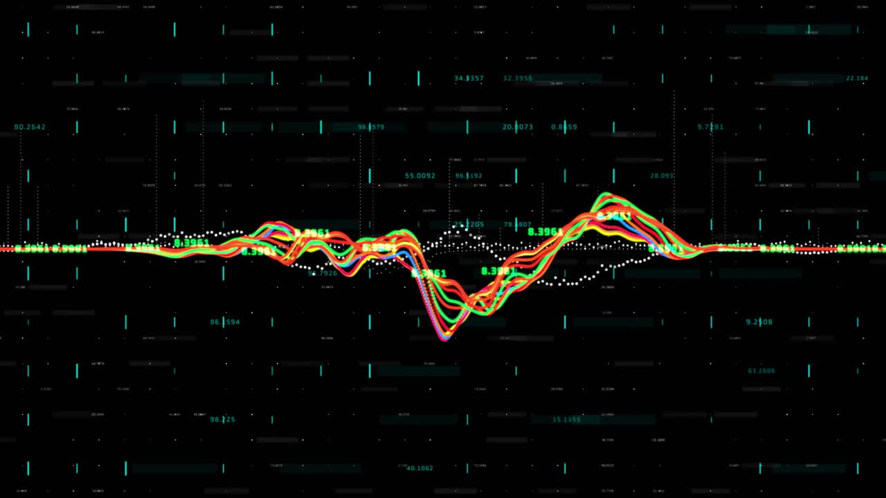 Animation of financial data processing over grid on dark background