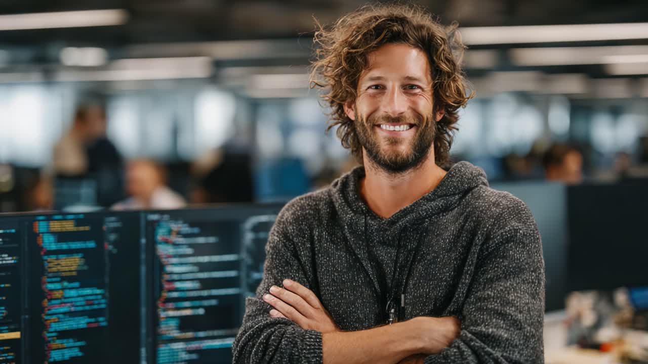 Smiling Man in Casual Attire with Arms Crossed in Front of Computer Screens at a Modern Workspace, Exuding Confidence and Approachability, Emphasizing the Tech Environment