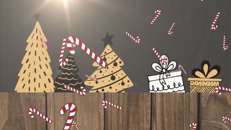 Animation-of-snow-and-candy-canes-falling-over-christmas-trees-and-presents-on-black-background