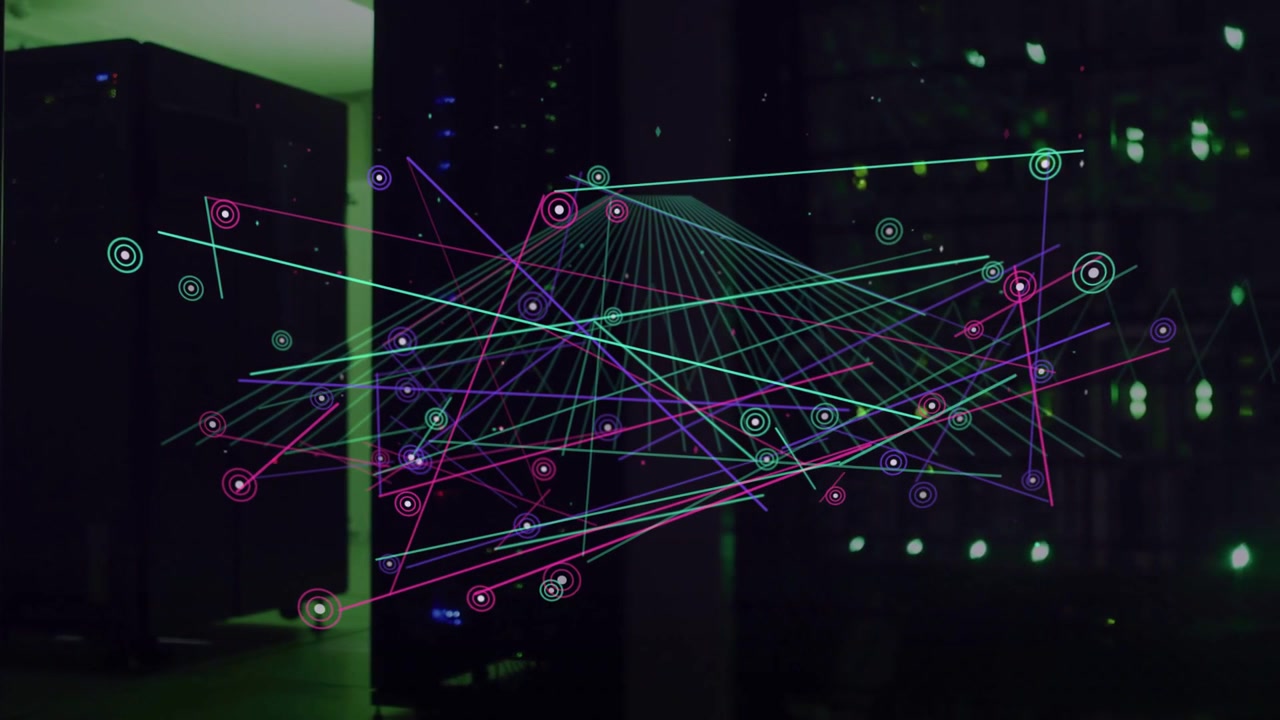 System heartbeat initiating overlay growing over data center glass visualizing network via nodes