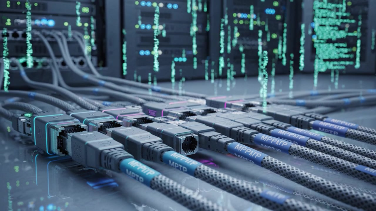 Advanced Digital Network Infrastructure: A Close-Up View of High-Speed Cables, Connectors, and Data Flow in a Modern Server Room Environment