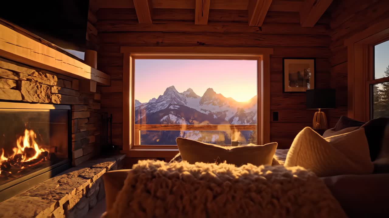 Cozy Cabin Window View of Sunrise over Snow-Capped Mountains