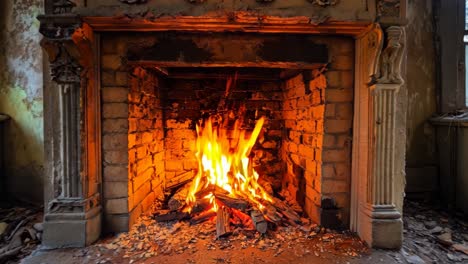 a fire burns in an abandoned building with a brick fireplace