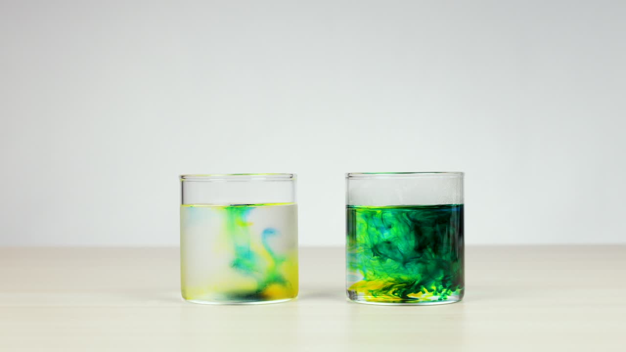 Two glasses show food coloring diffusing at different rates in hot and cold water