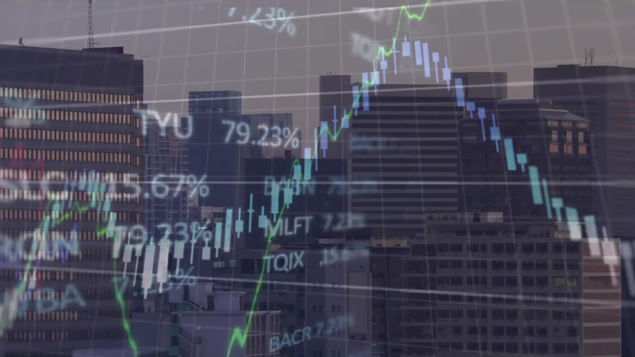 animación del procesamiento de datos financieros y bursátiles frente a una vista aérea del paisaje urbano