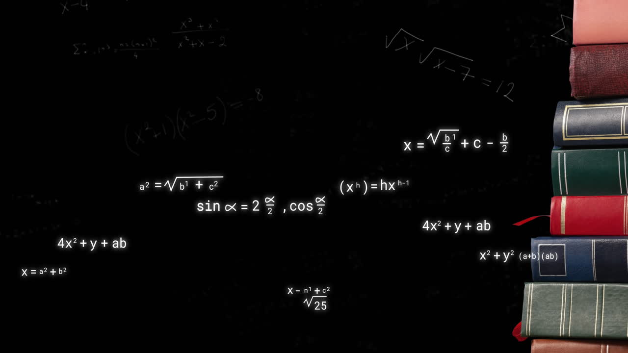 Animation of mathematical equations over books on black background