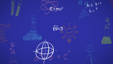 animación de ecuaciones matemáticas, dibujos de química y física sobre un fondo azul