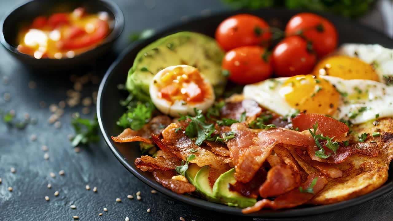 Ketogenic diet breakfast includes fried eggs, bacon, avocado, grilled tomatoes, and a toasted slice of keto bread, creating a balanced and satisfying meal