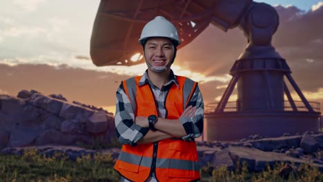 asian male engineer with safety helmet crossing his arms and smiling to camera while standing with large satellite dish