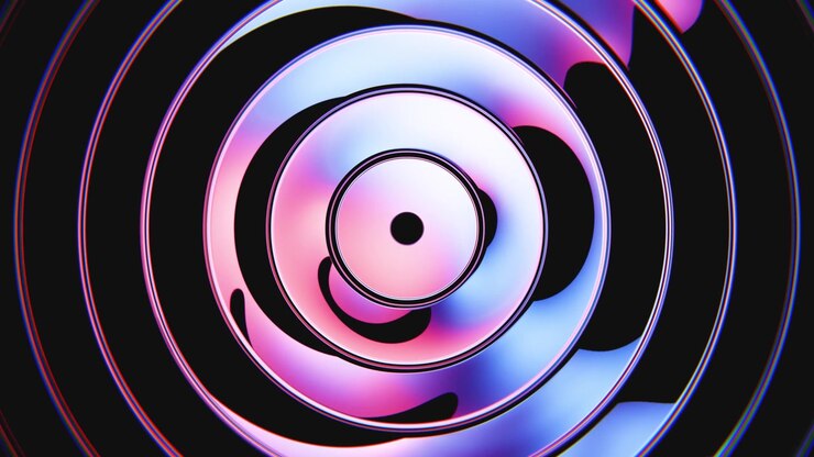 Círculos concêntricos pulsantes abstratos com iluminação em gradiente neon