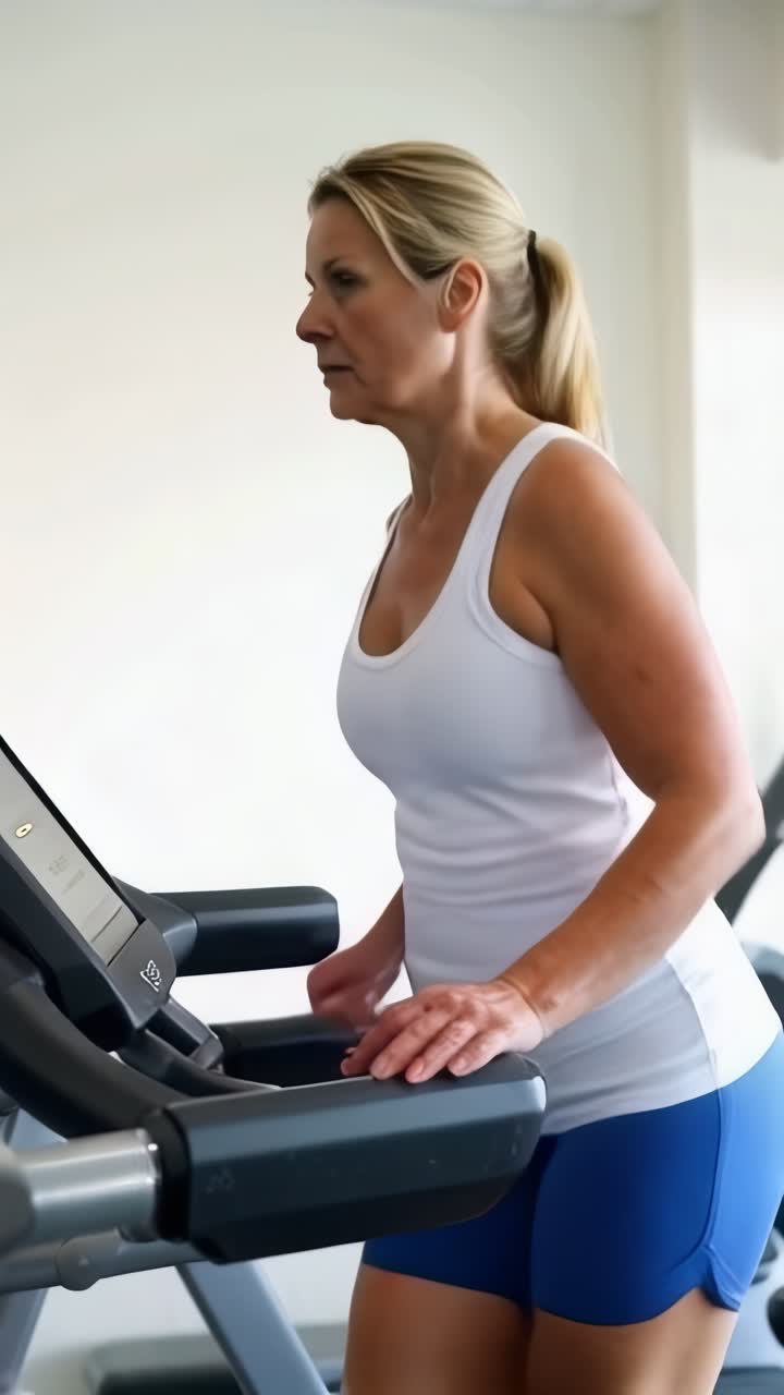 Running adult woman practicing on treadmill machine in fitness gym.