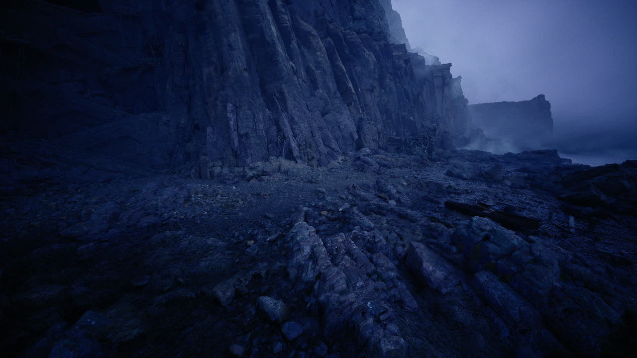 Dramatic depiction of burned rocky structures enveloped in smoke