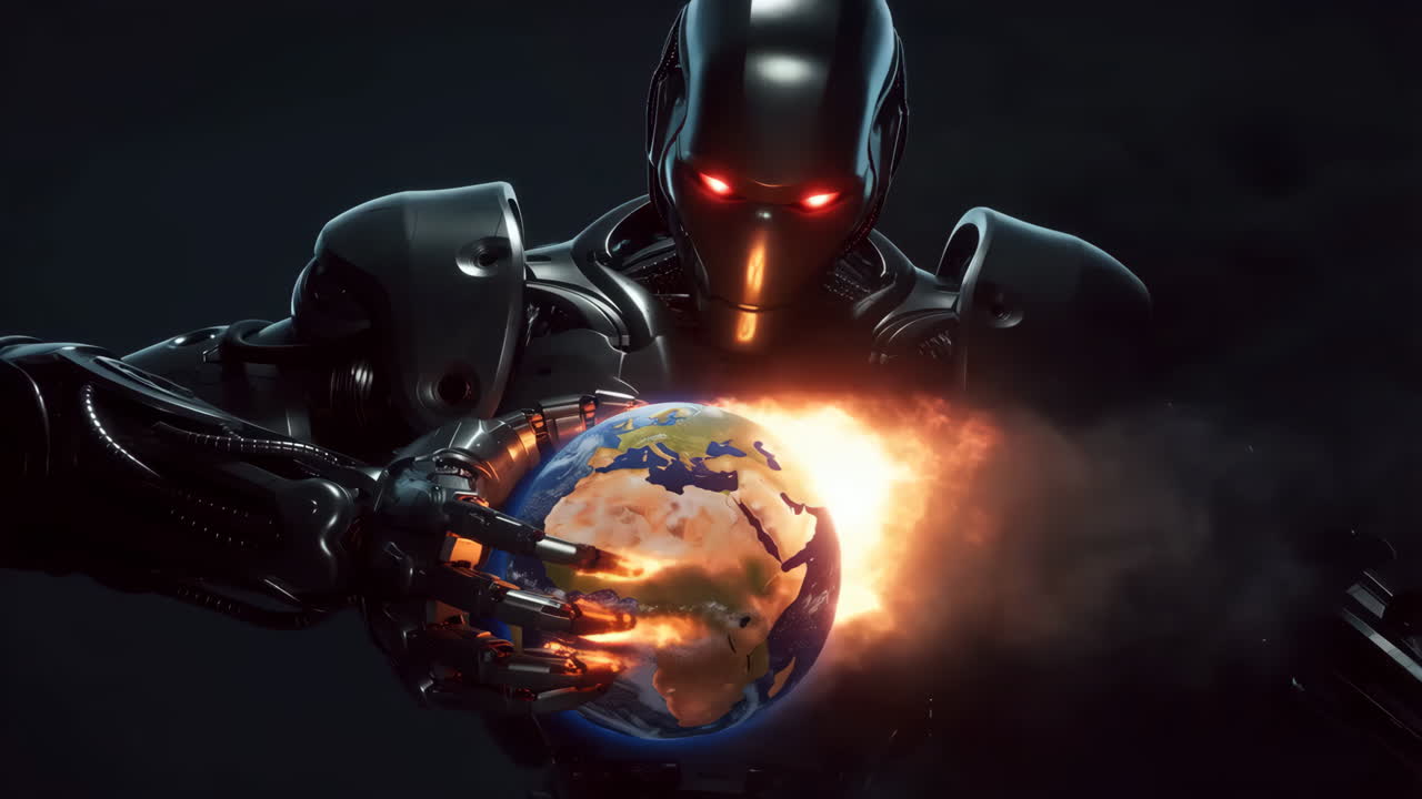 Robot Holding a Fiery Earth