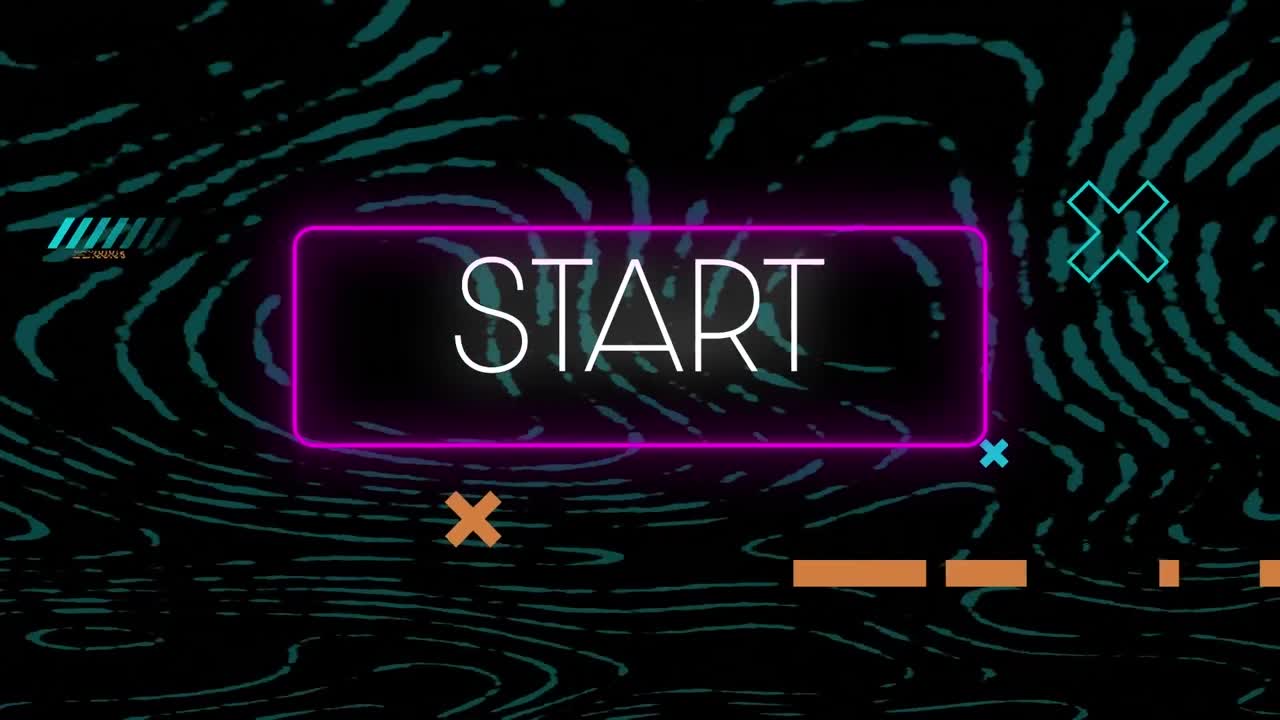 Animation of start text in rectangle with symbols and circular pattern over black background