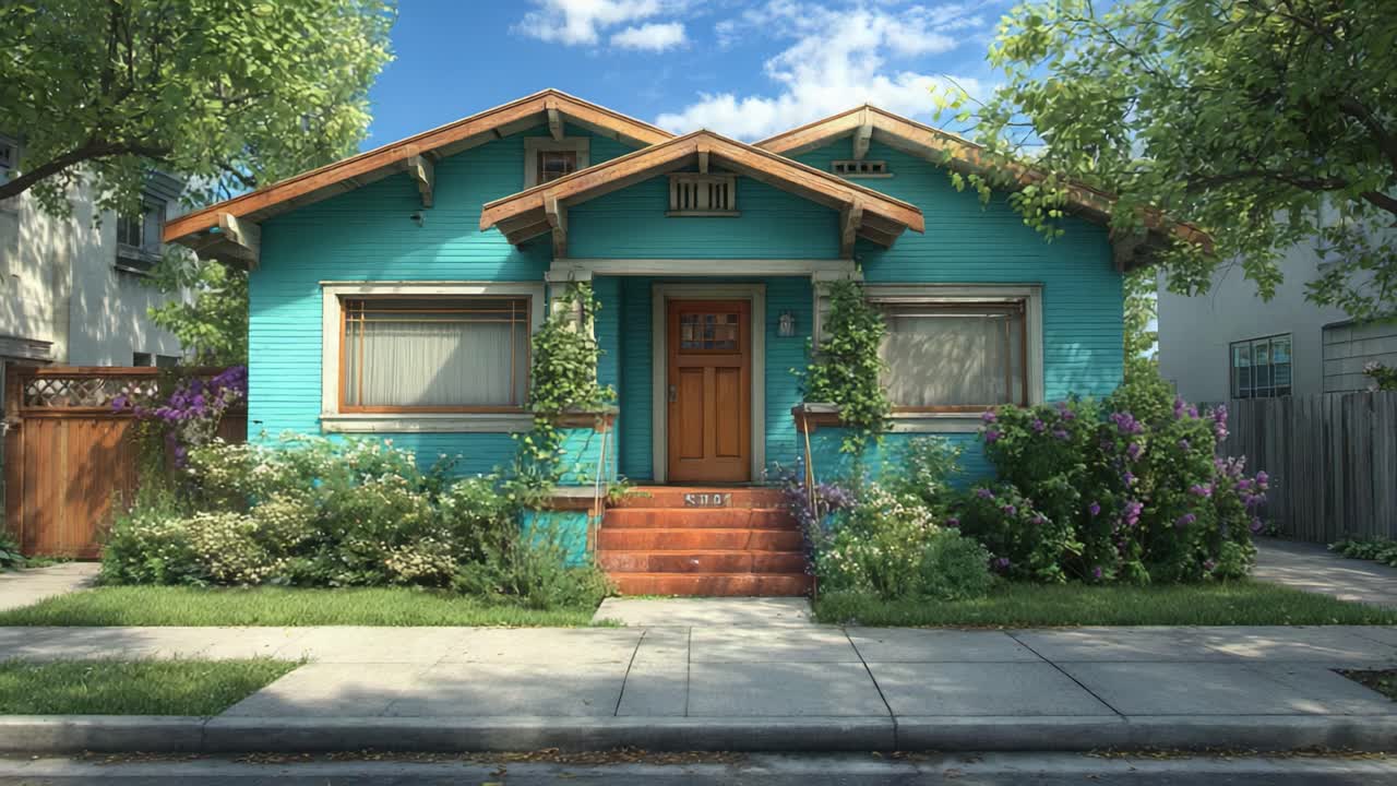 Una graziosa casa turchese circondata da una vegetazione lussureggiante e fiori colorati, che mostra dettagli architettonici in un ambiente di quartiere luminoso e accogliente