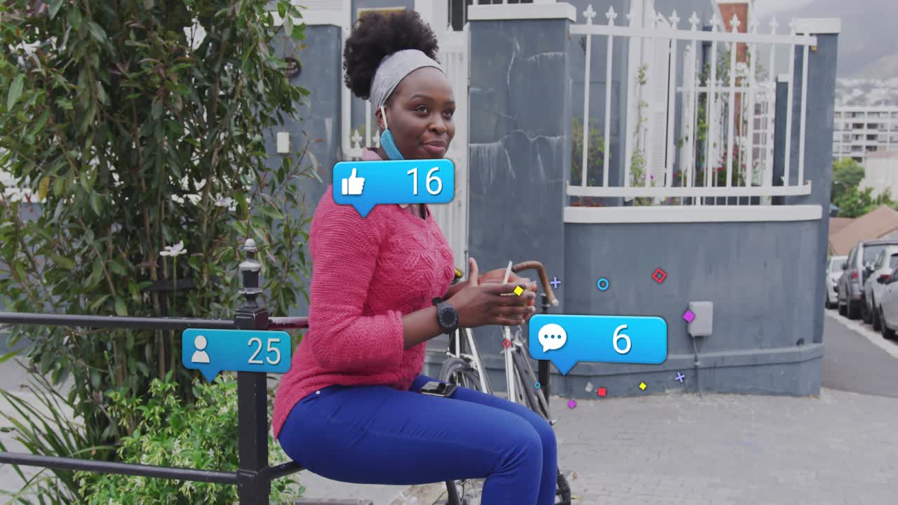 Woman scooping fruit salad while causing social media icons shifting around for digital marketing