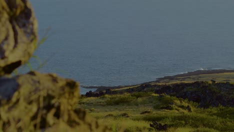 Shot-from-behind-a-rocky-Hawaiian-landscape-revealing-the-Pacific-ocean-at-sunset