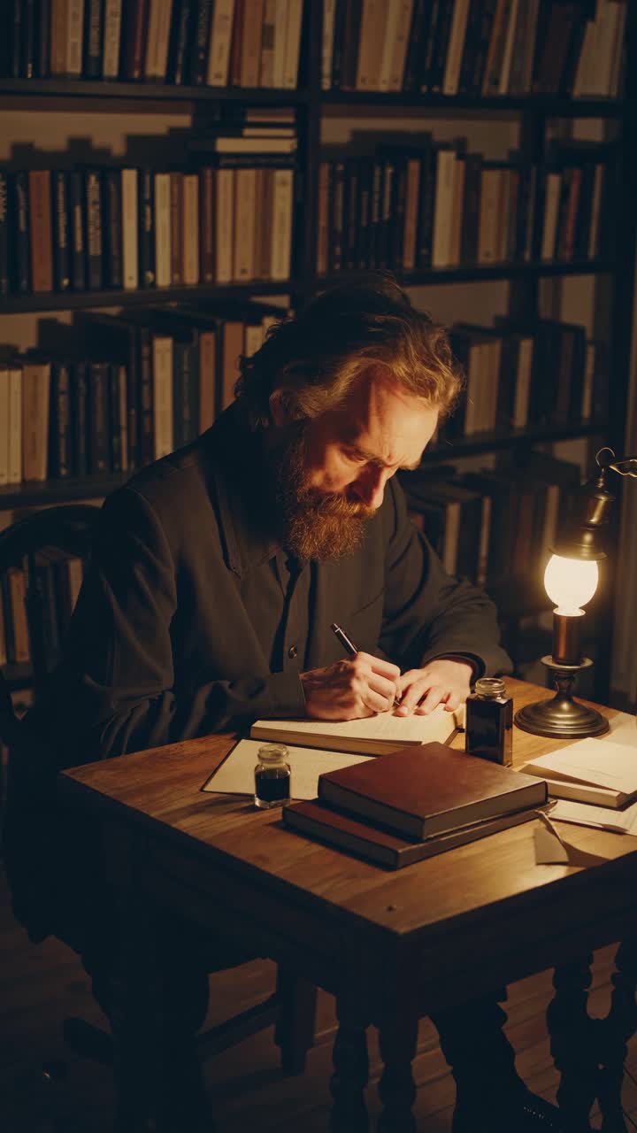 Una scena video in stile vintage ritrae un uomo barbuto che scrive a una scrivania di legno, illuminato da una lampada calda.
