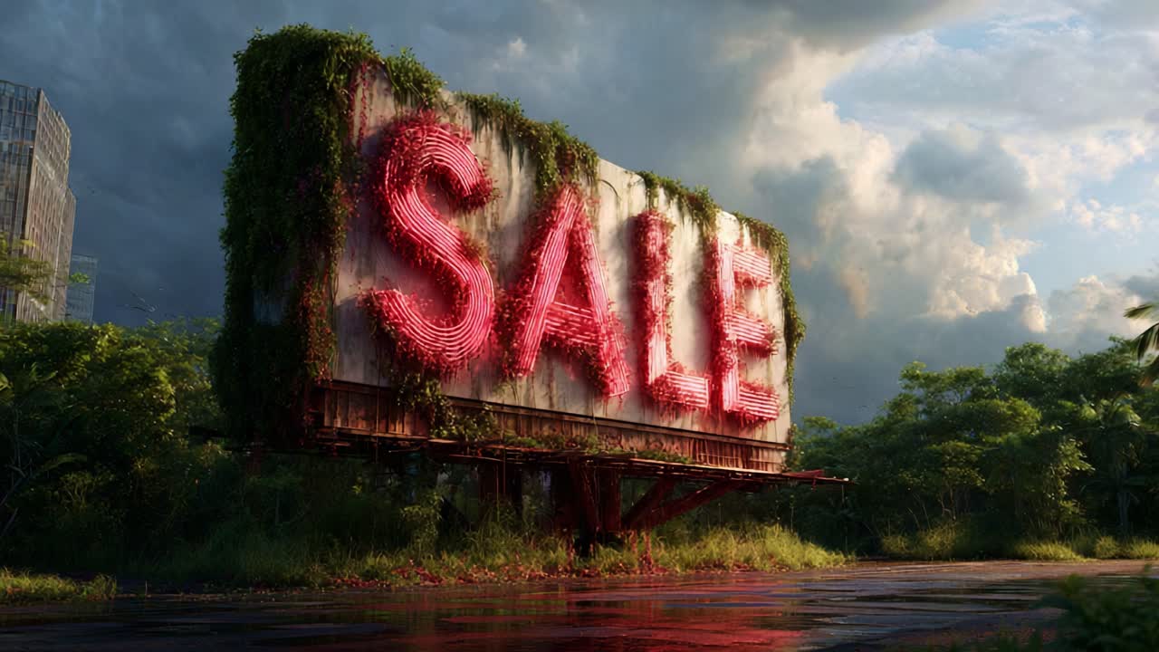A Vibrant and Overgrown Billboard Displaying a Bold Sale Message Amidst Lush Greenery and Dramatic Cloudy Skies, Highlighting Nature's Impact on Urban Advertising
