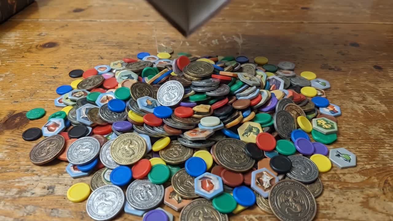 Jetons et pièces de jeu de société colorés se déversant sur une table en bois
