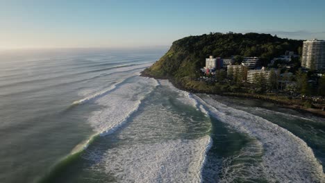 Wide-aerial-shot-moving-towards-Burleigh-Heads,-Gold-Coast,-Australia