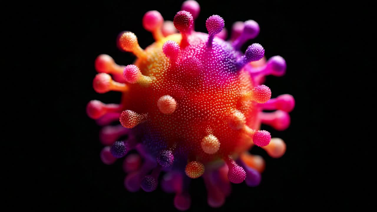 Stunning Visualization of a Microscopic Virus Structure Showcasing Vibrant Colors and Intricate Details, Highlighting the Complexity of Viral Morphologies Under Close Examination