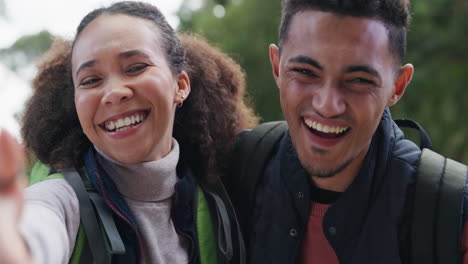 couple, selfie and laugh for hiking