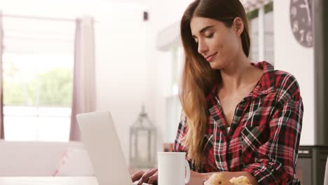 mujer bonita usando una computadora portátil mientras bebe café