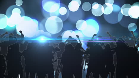 digital animation of blue spots of light against silhouette of people dancing