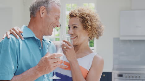 loving senior couple on summer vacation drinking wine and making a toast in holiday apartment