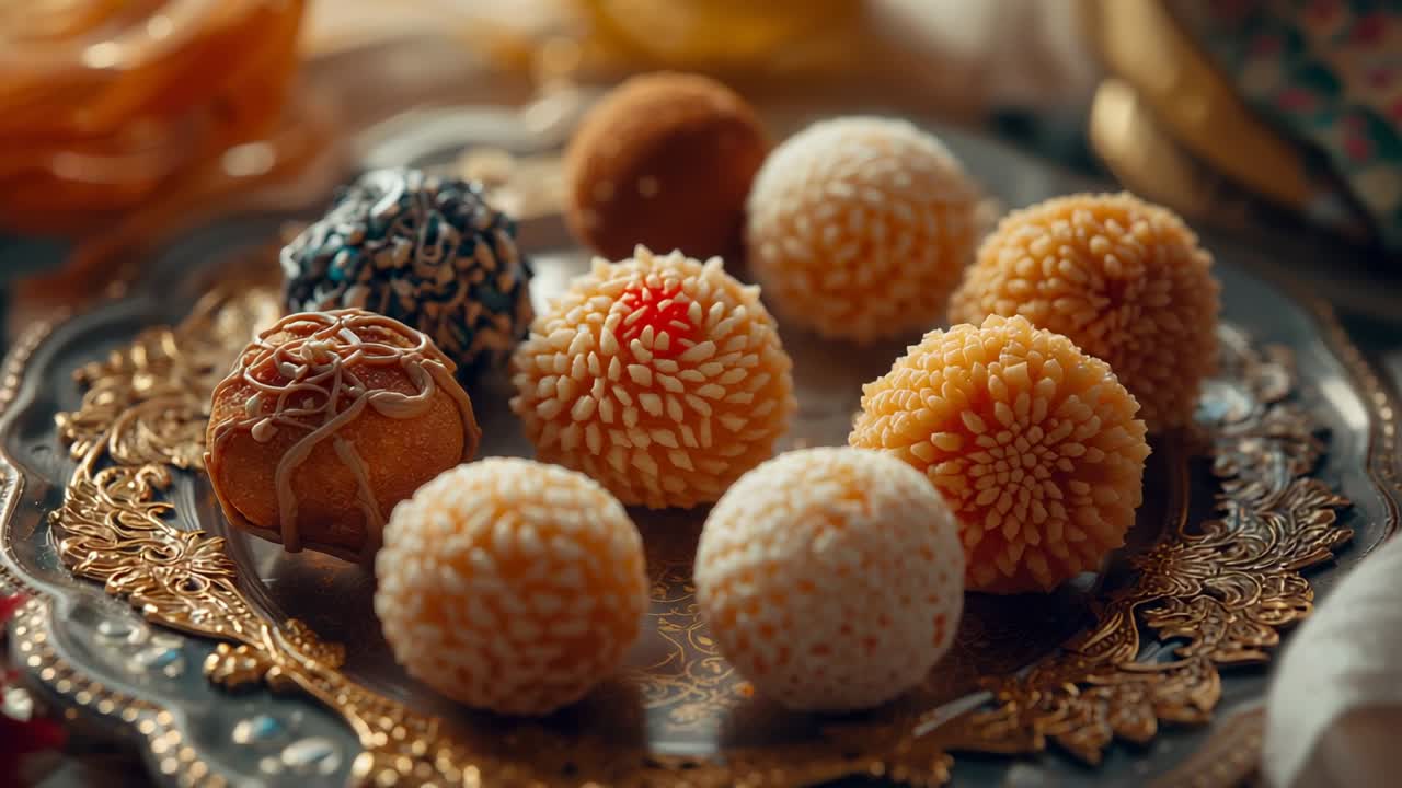 Panning camera from tight closeup across platter showing sweets on tablecloth, highlighting texture
