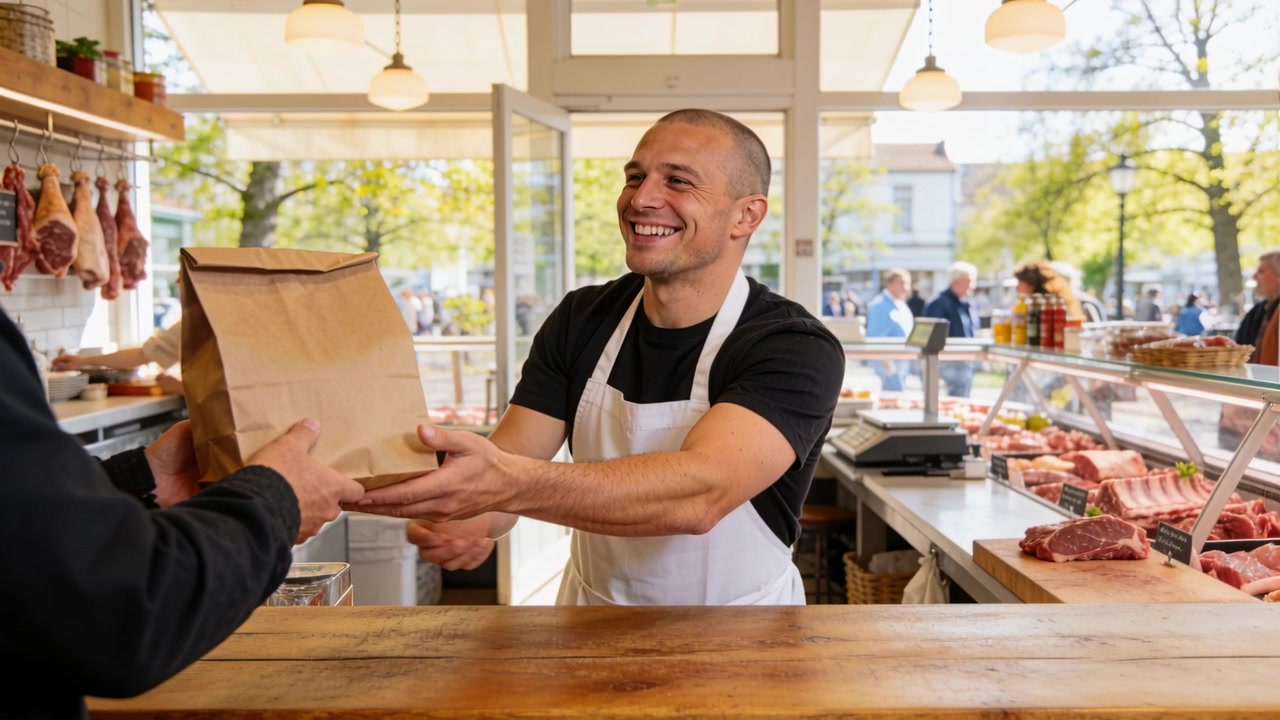 Un client tend la main à un boucher en tablier blanc qui lui remet un sac en papier kraft à son étal.